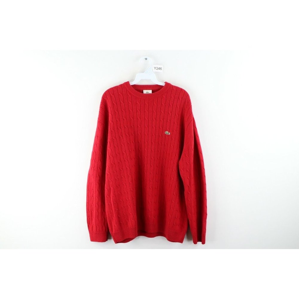 Lacoste Croc Logo Wool Blend Cable Knit Crewneck Sweater Red